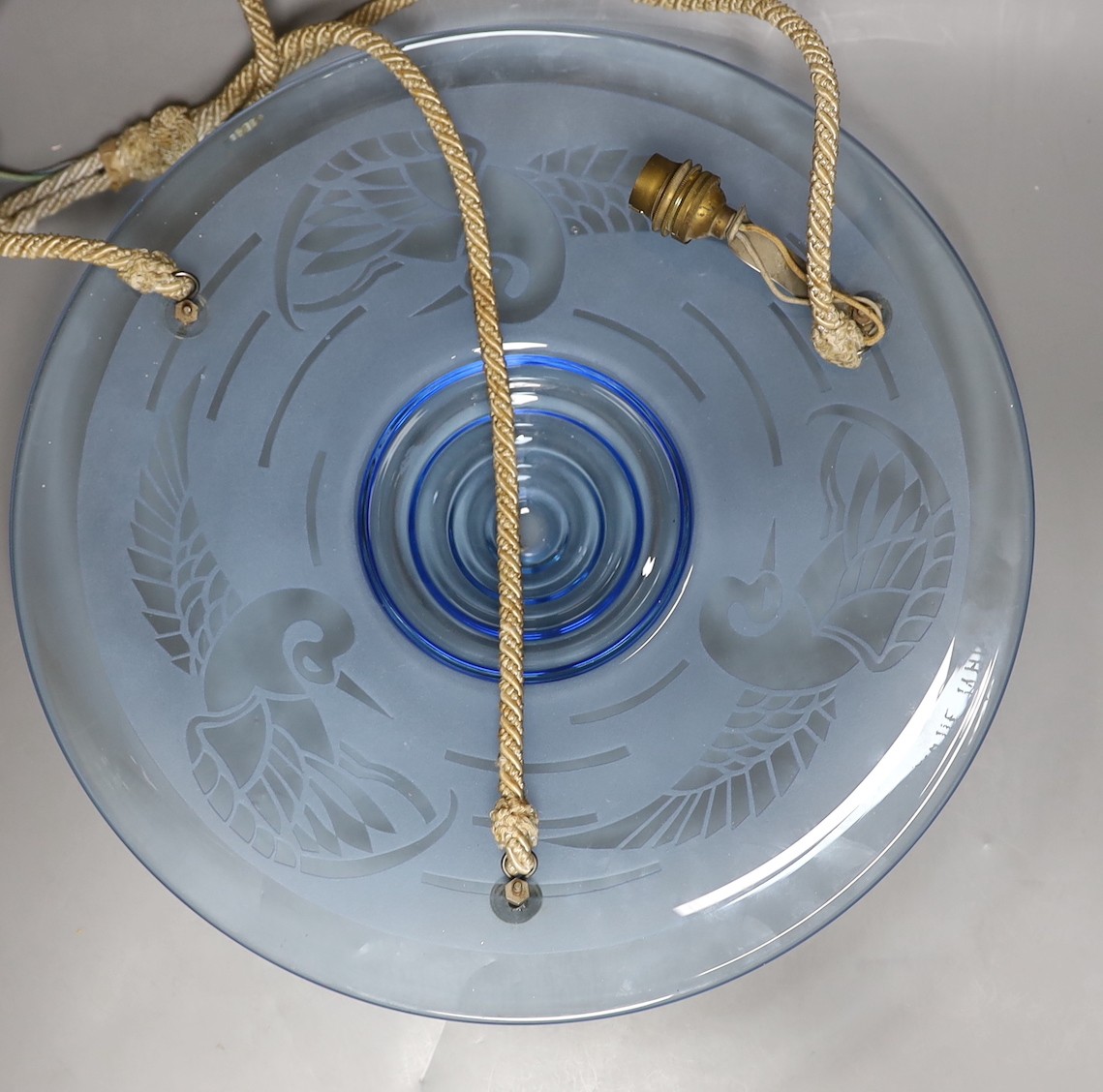 An Art Deco circular glass hanging ceiling shade signed Delatte Nancy, 40cm diameter